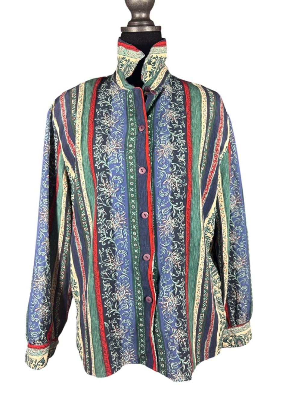 Vintage Alia Petite Paisley Stripe Button Down Shirt Size 12P Jewel Tones‎